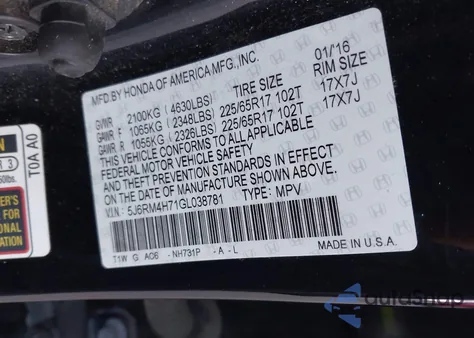 2016 Honda Cr-V Ex-L from USA, damaged, VIN 5J6RM4H71GL038781